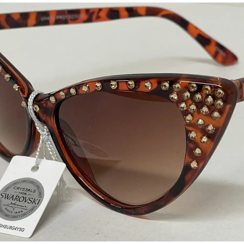Made with Swarovski Crystals Cat Eye Sunglasses Tortoise Brown Bling Womens Case